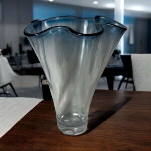 Lenox Glass Vase – 12” Clear with Blue Rim – 9” Wide at Top – Flared Ruffled Des